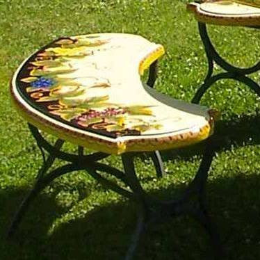 WROUGHT IRON BENCH WITH CERAMIC TOP: Large Curved model design (Seats Two) in Deruta, Italy. - tops-selection.shop