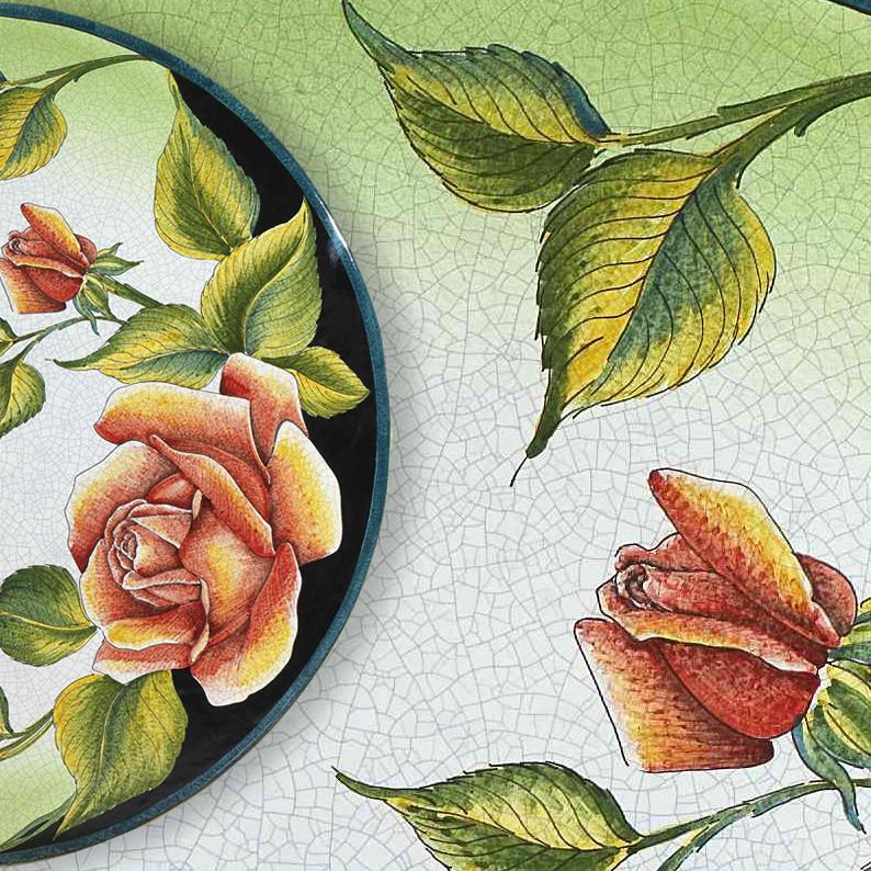 CERAMIC STONE TABLE + IRON BASE: COLONIA Design^ - Hand Painted in Deruta, Italy. - tops-selection.shop