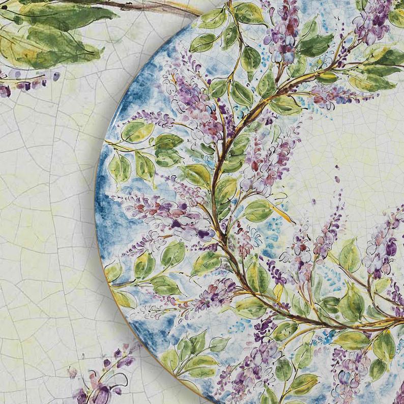 CERAMIC STONE TABLE + IRON BASE: GLICINE Design - Hand Painted in Deruta, Italy. - tops-selection.shop