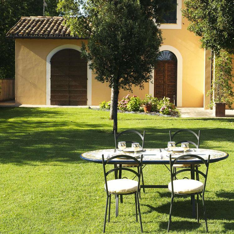 CERAMIC STONE TABLE + IRON BASE: IMPERIA Design^ - Hand Painted in Deruta, Italy. - tops-selection.shop