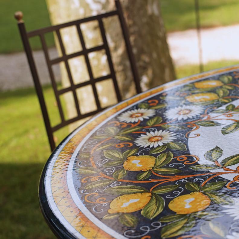 CERAMIC STONE TABLE + IRON BASE: SALERNO Design^ - Hand Painted in Deruta, Italy. - tops-selection.shop