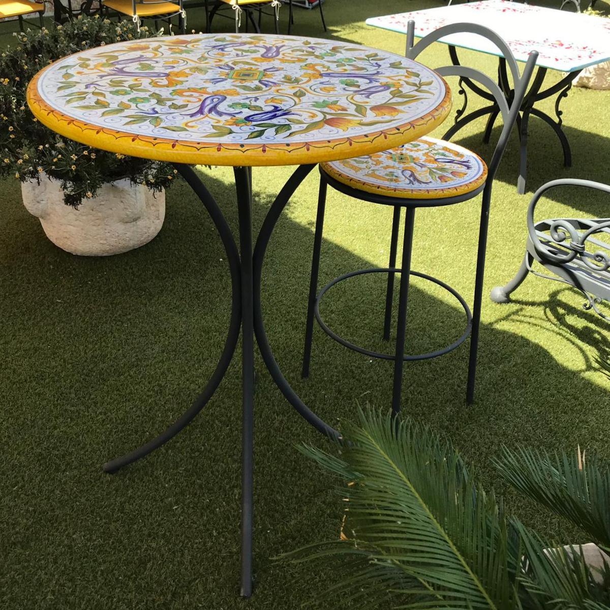 COCKTAIL HIGH TABLE ROUND: Ceramic-Stone top on iron base (28" Diam. x 41" High.) in Deruta, Italy. - tops-selection.shop